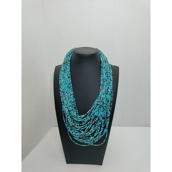 Blue Black & Gold  Seed Bead Multi Strand (35) Necklace 18" To First Drop - Picture 1 of 5